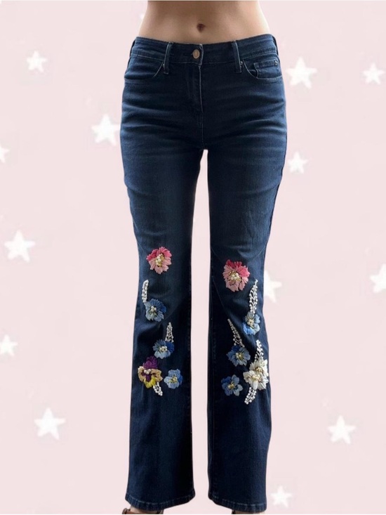 Signature by Levi Strauss Denim - Signature by Levi Strauss Dark Blue Flare Jeans with Hand Floral Embroidery